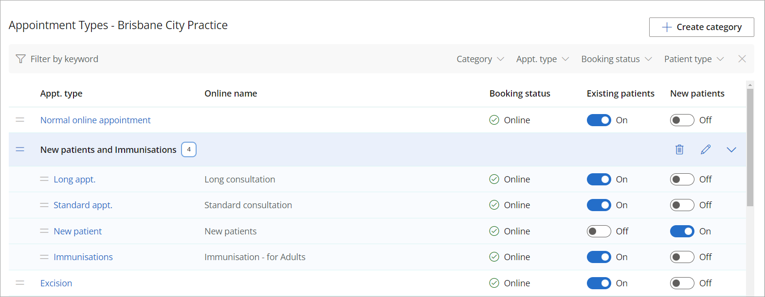 List of appointment types to configure